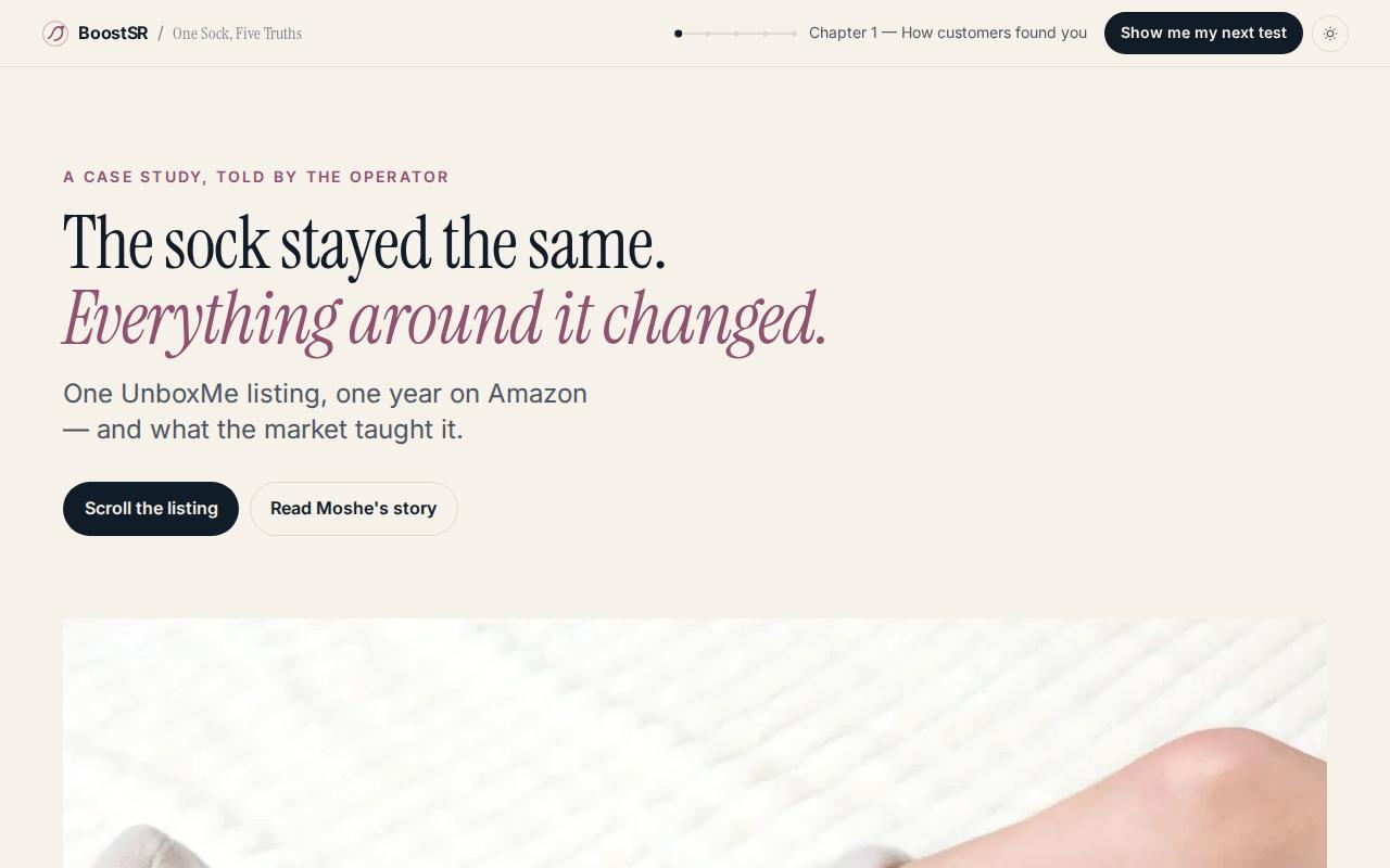 Concept B hero: oat-paper editorial page with serif headline The sock stayed the same